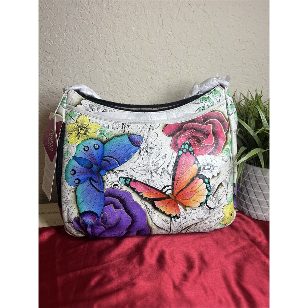 NWT Anuschka Hand Painted Leather Tote Butterfly Floral Paradise Crossbody